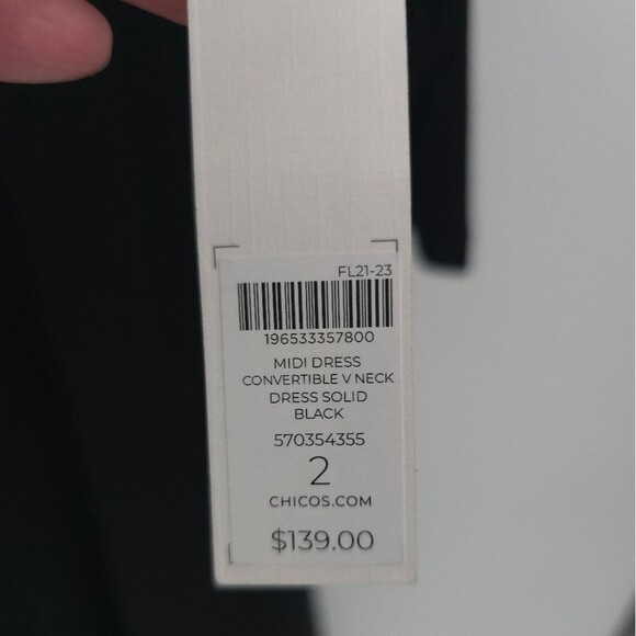 Chicos Travelers Midi V-Neck Black Dress Stretchy Flowy Flowy A-Line Pockets - Picture 9 of 16